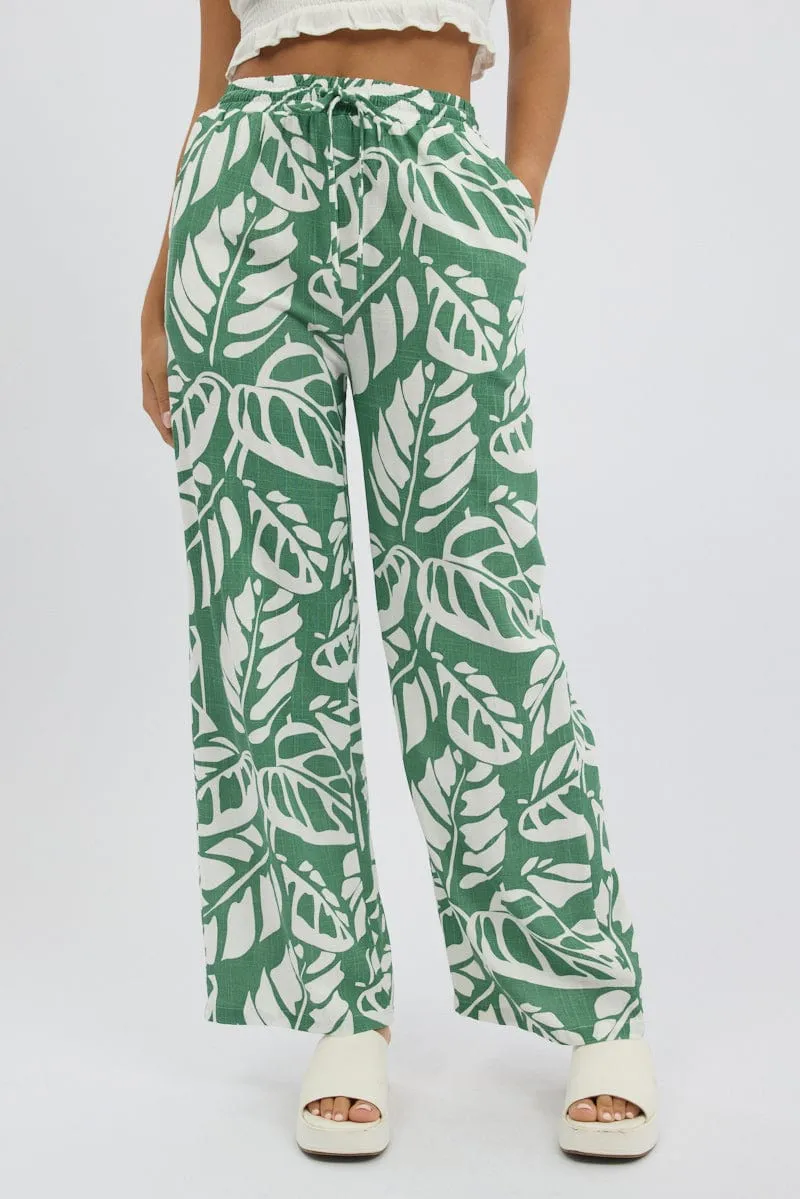 Green Abstract Wide Leg Pants Elasticated Waist