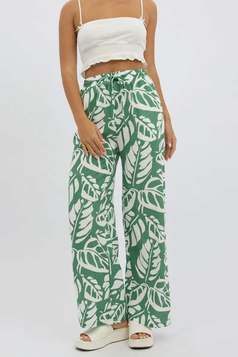 Green Abstract Wide Leg Pants Elasticated Waist