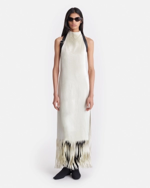Miruna - Fringed Crinkled Satin Midi Dress - Ecru