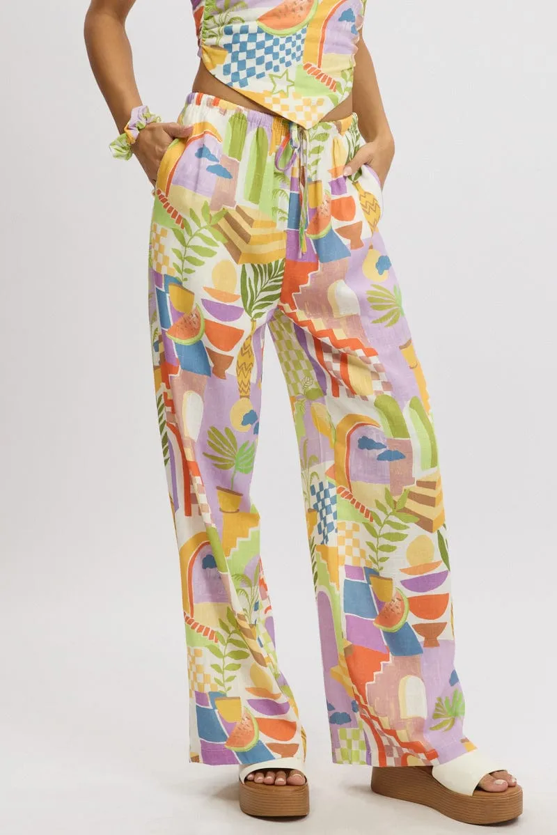 Multi Abstract Wide Leg Pants High Rise