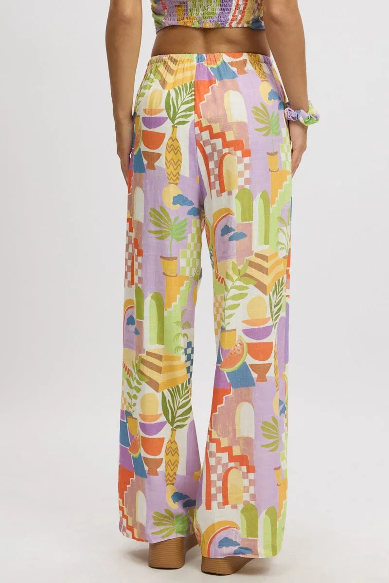 Multi Abstract Wide Leg Pants High Rise