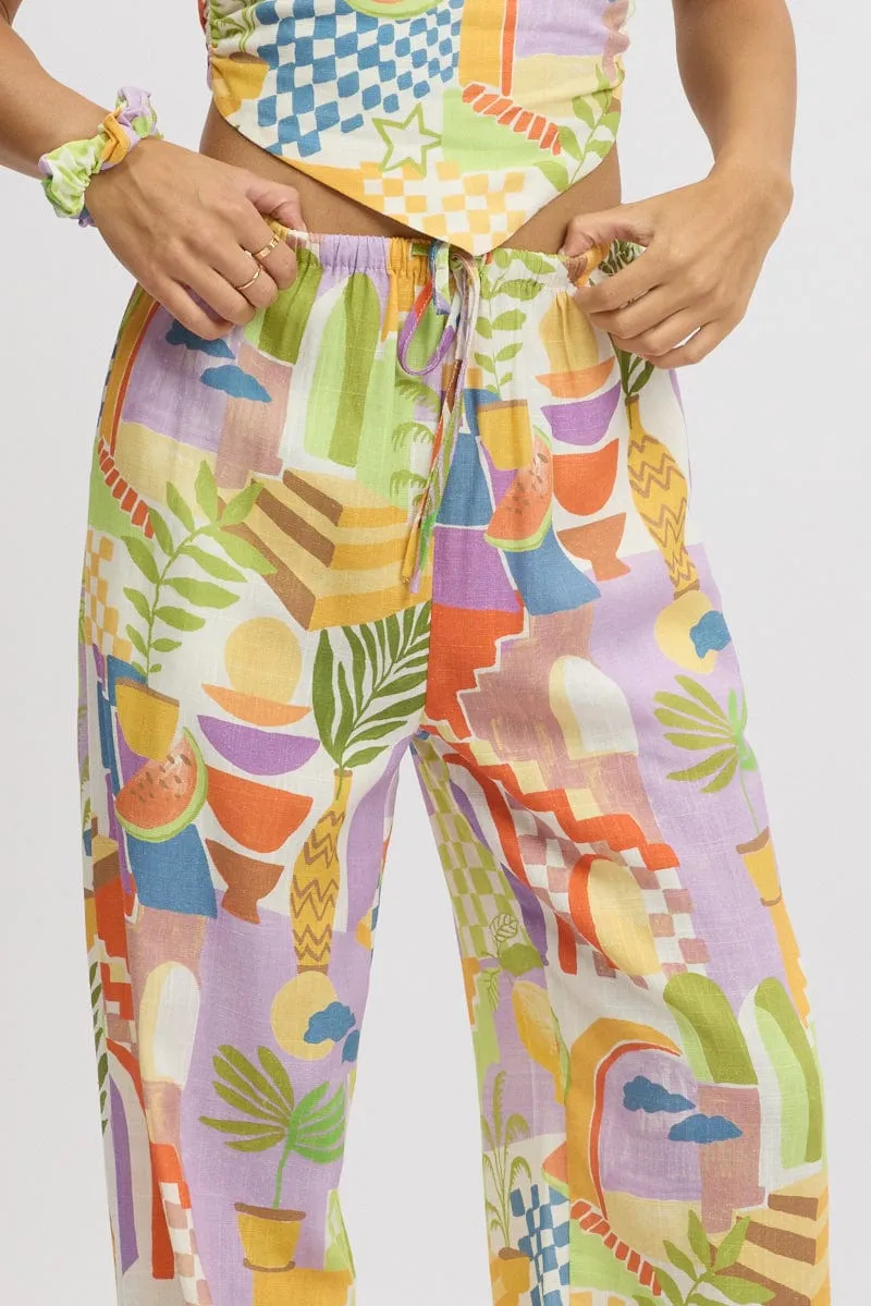 Multi Abstract Wide Leg Pants High Rise