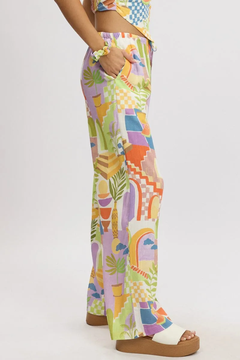 Multi Abstract Wide Leg Pants High Rise