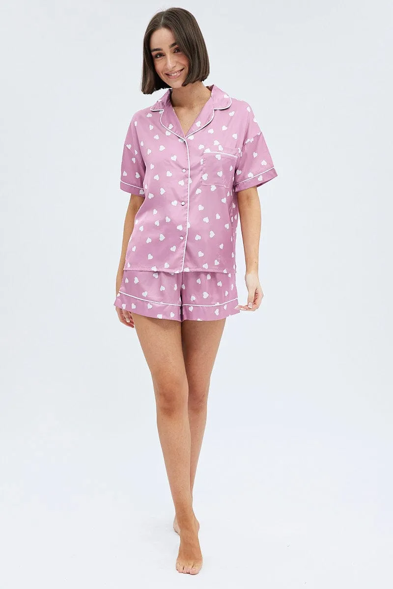 Pink Polka Dot Pink Satin Hearts Contrast Piping Pyjama Set
