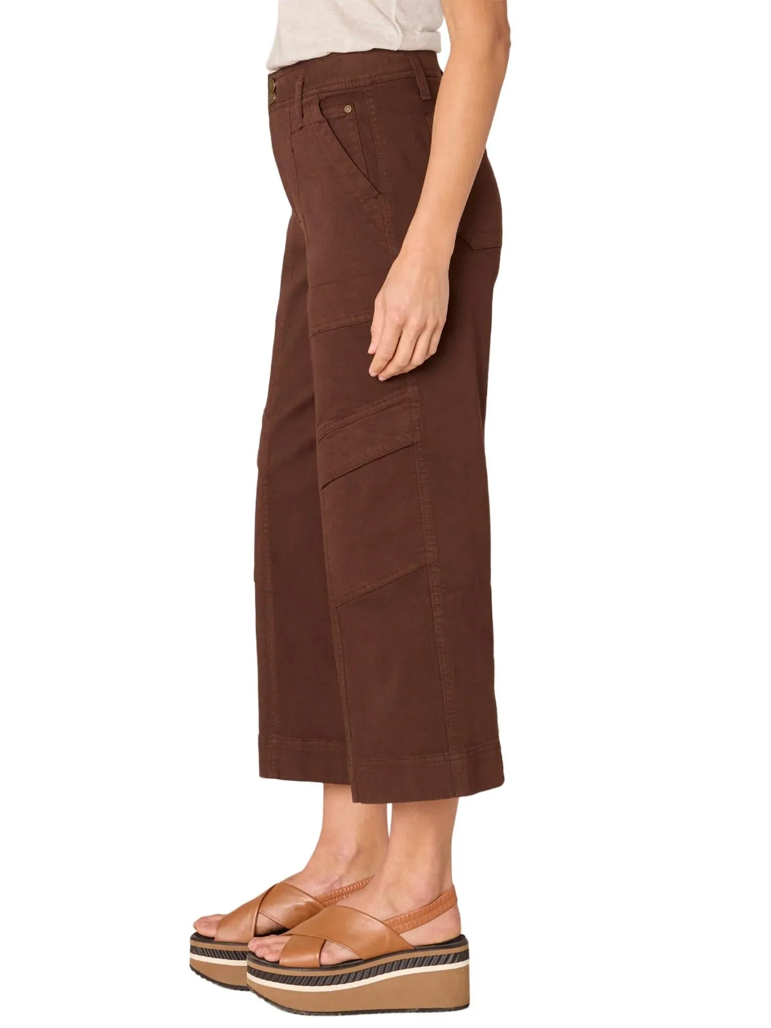 "ab"solution Skyrise Double Button Wide Leg Crop Utility Pants In Chocolate Truffle