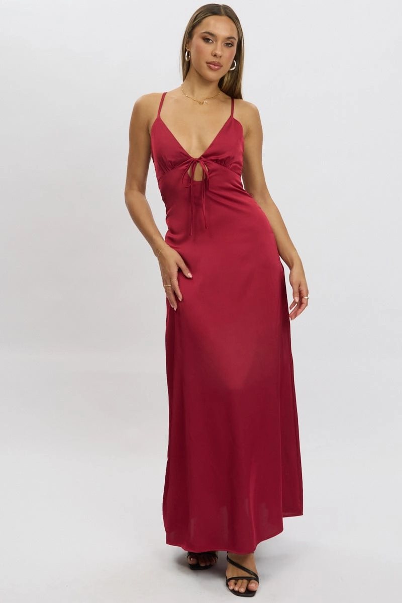Red Maxi Dress Cut Out Satin