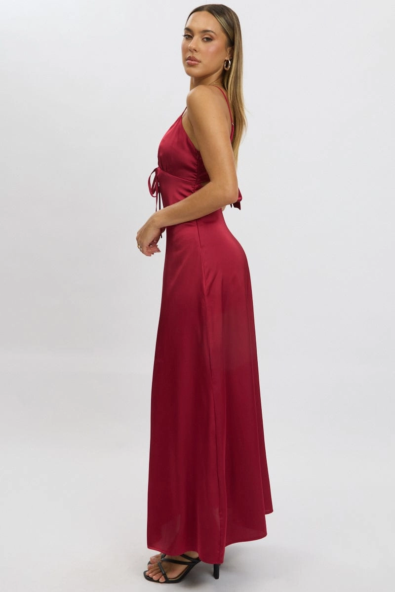 Red Maxi Dress Cut Out Satin