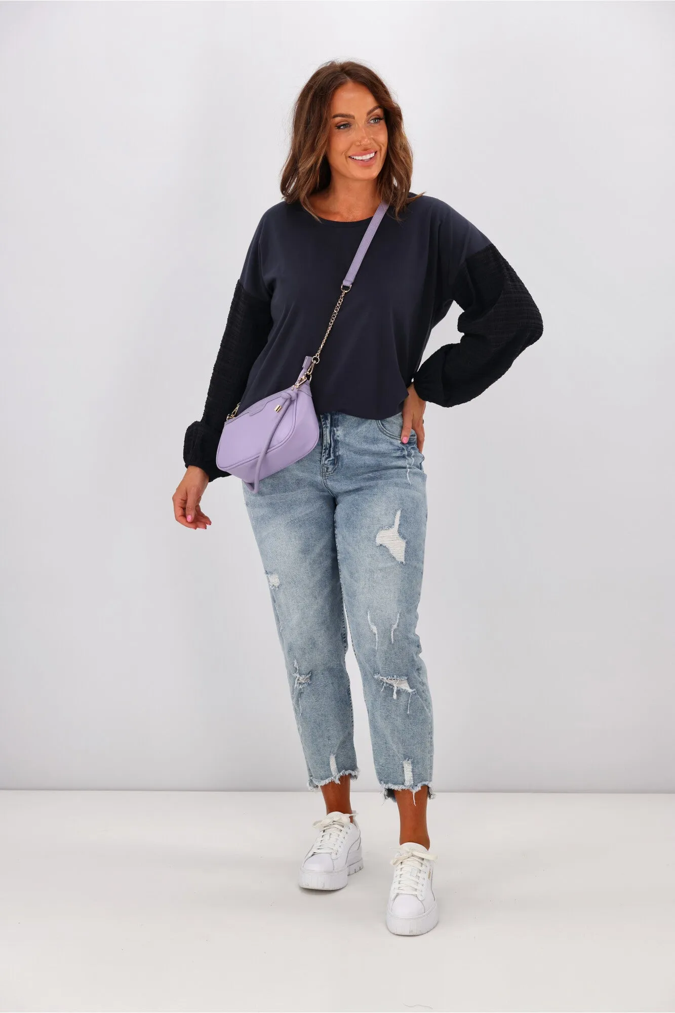 Shine On Label Cici Gingham Sleeve Top Black Navy