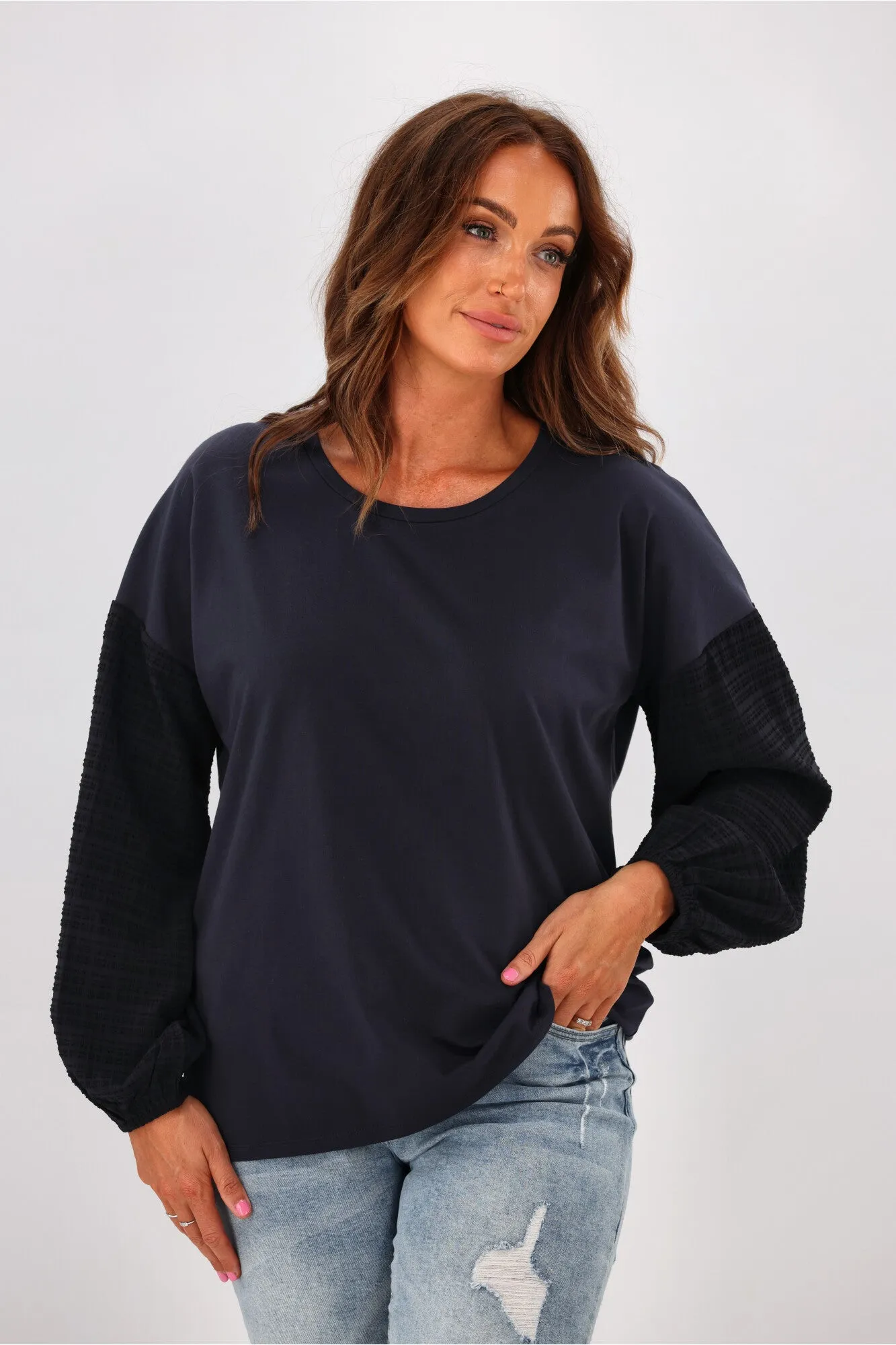 Shine On Label Cici Gingham Sleeve Top Black Navy