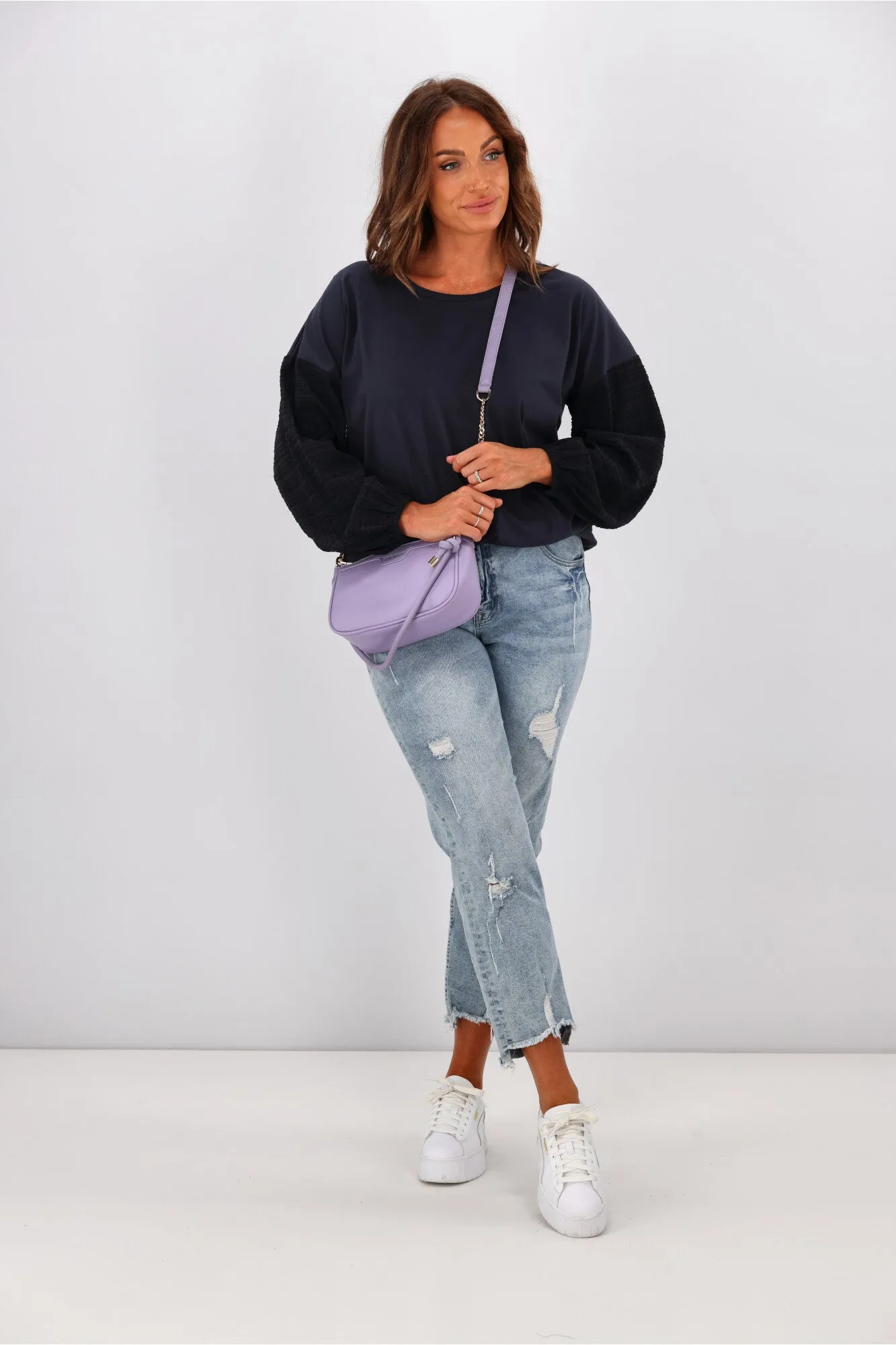 Shine On Label Cici Gingham Sleeve Top Black Navy