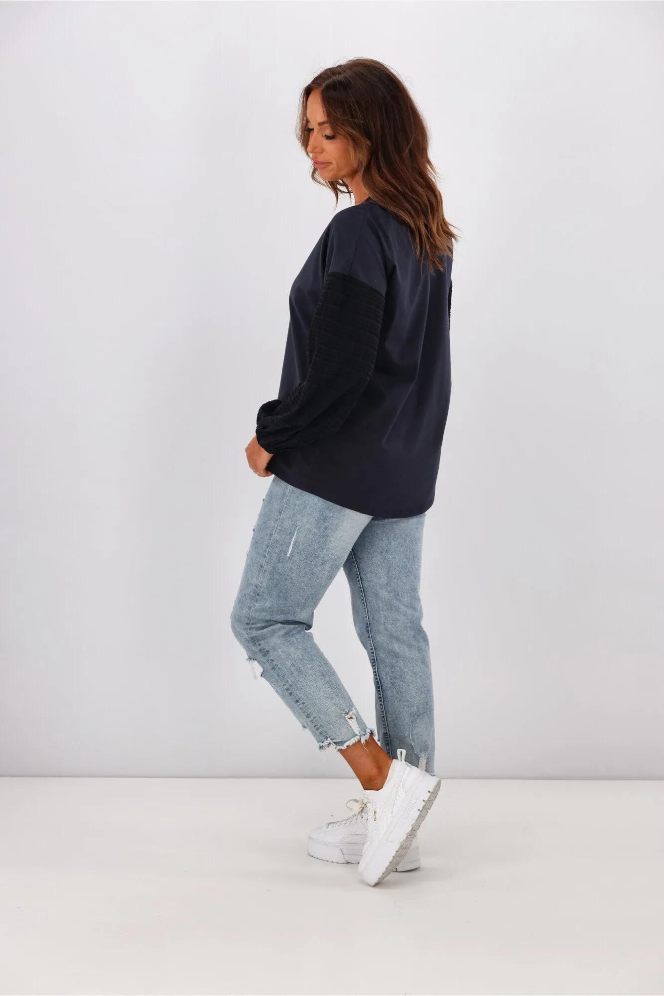 Shine On Label Cici Gingham Sleeve Top Black Navy