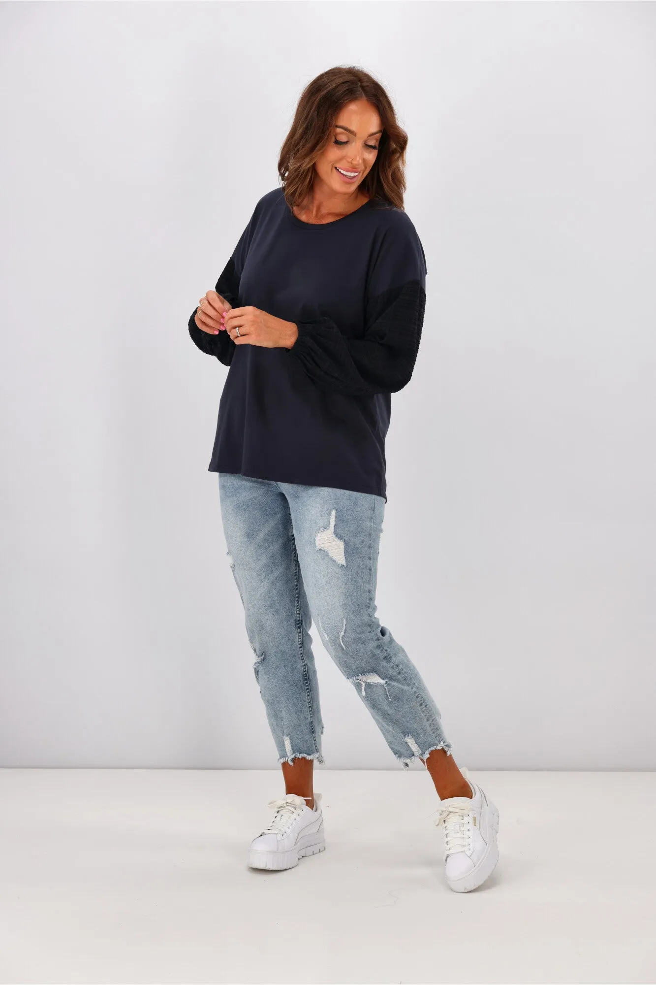 Shine On Label Cici Gingham Sleeve Top Black Navy