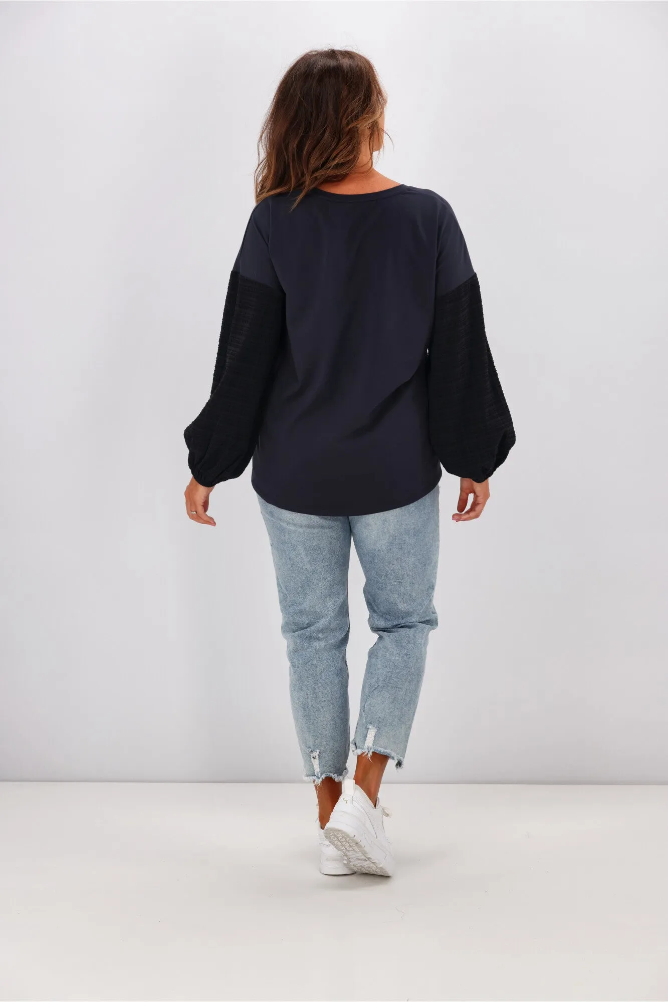Shine On Label Cici Gingham Sleeve Top Black Navy