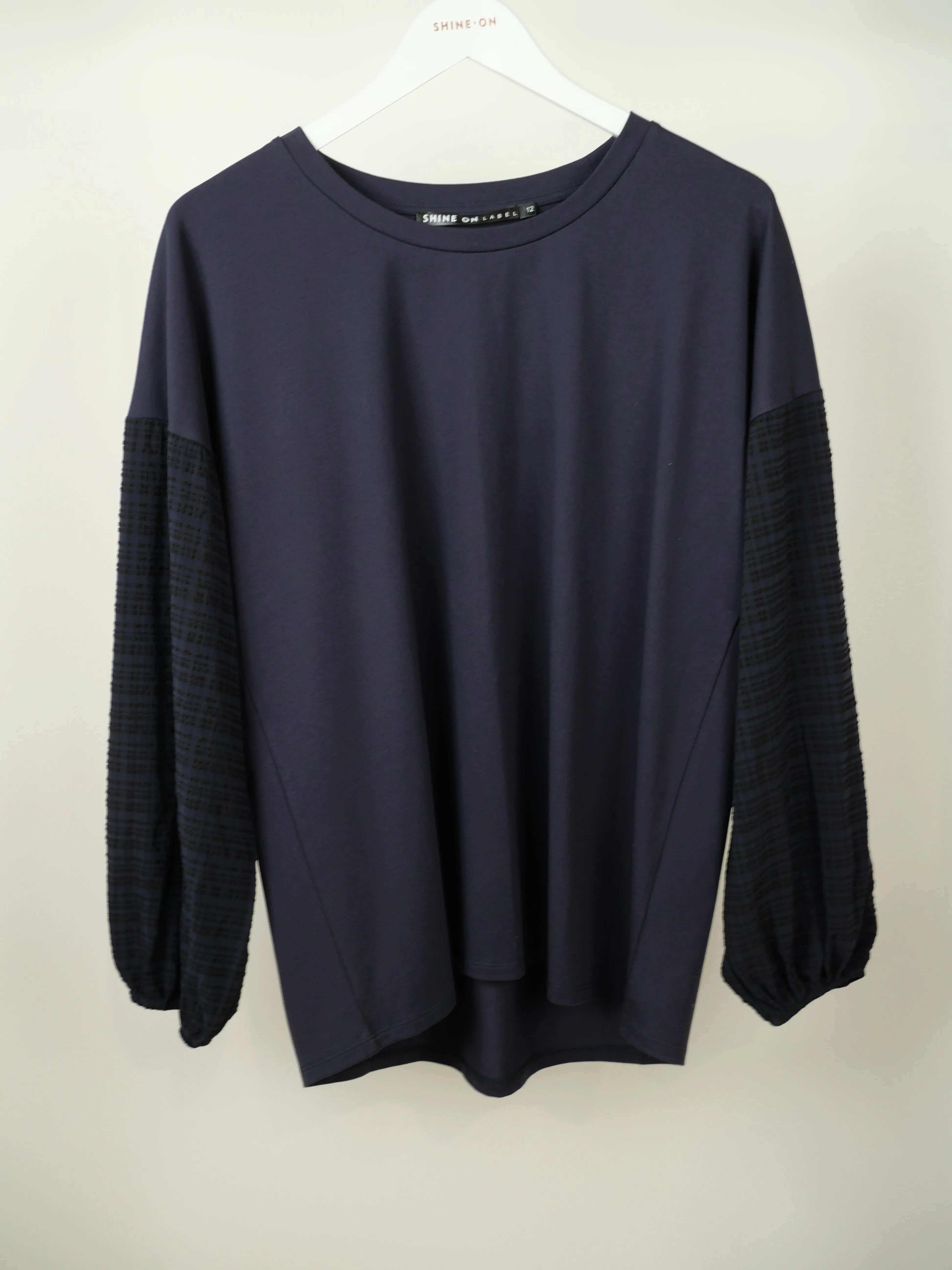 Shine On Label Cici Gingham Sleeve Top Black Navy