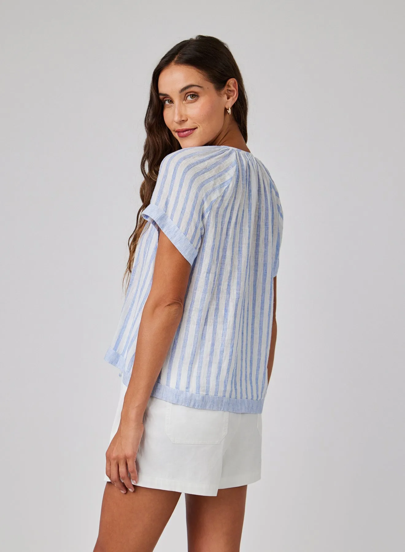 Short Sleeve Flowy Raglan Top - Blue Sky Stripe