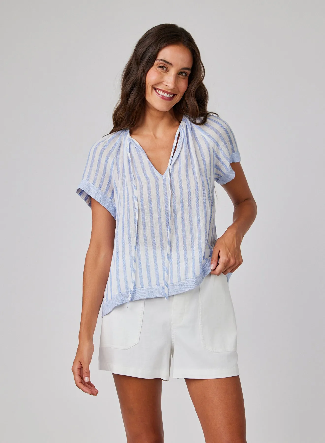 Short Sleeve Flowy Raglan Top - Blue Sky Stripe