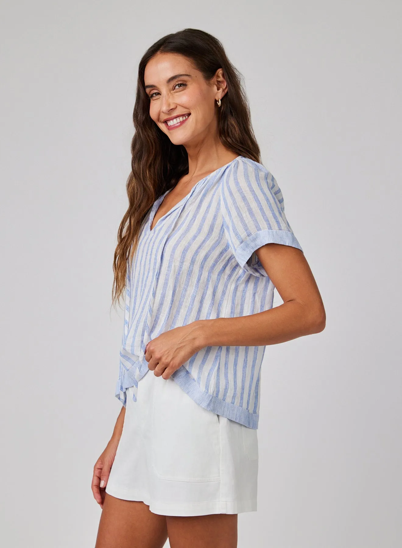 Short Sleeve Flowy Raglan Top - Blue Sky Stripe