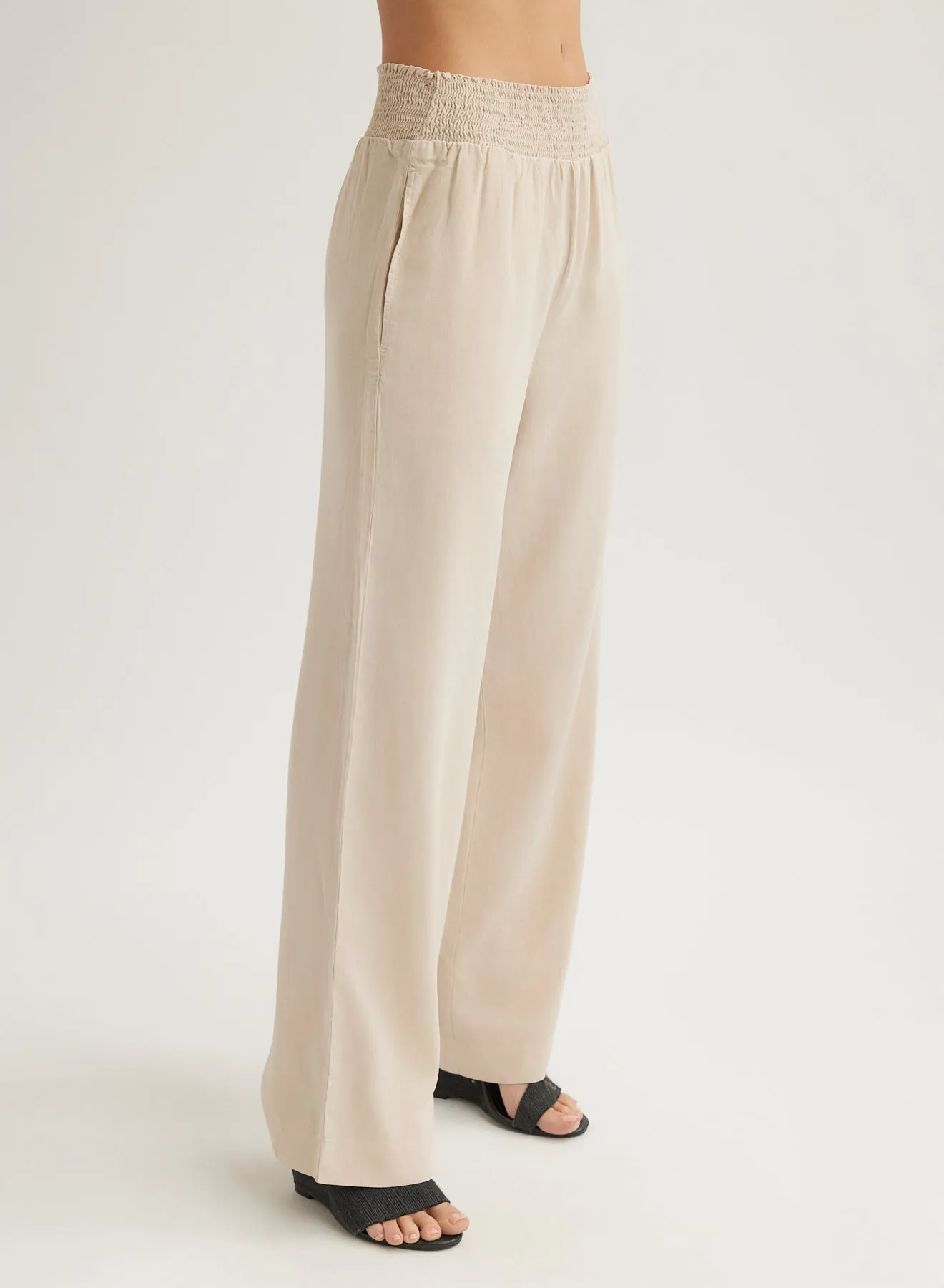 Smocked Waist Wide Leg Pant - Linen Sand