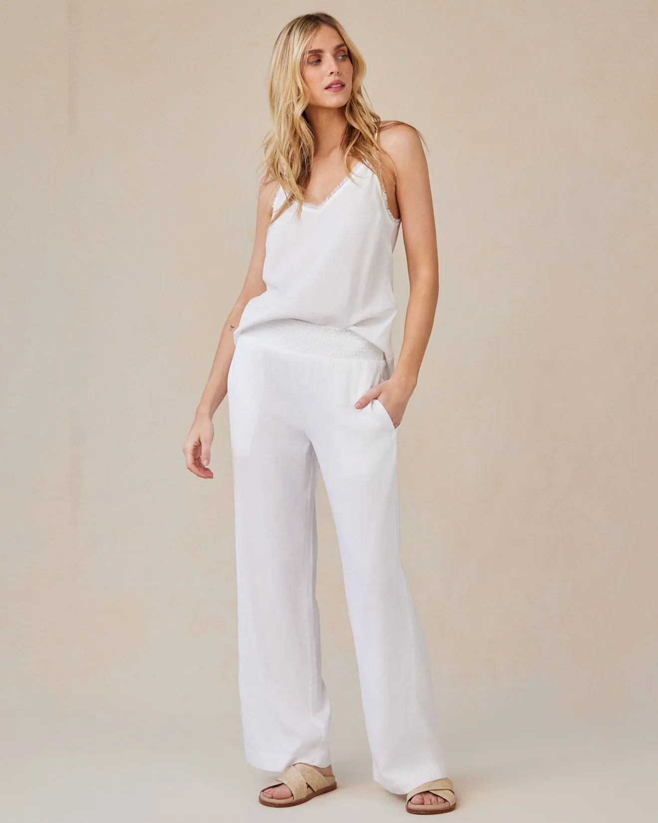 Smocked Waist Wide Leg - White