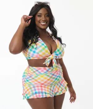 Unique Vintage Plus Size Rainbow Gingham Ruched Alice Swim Skirt