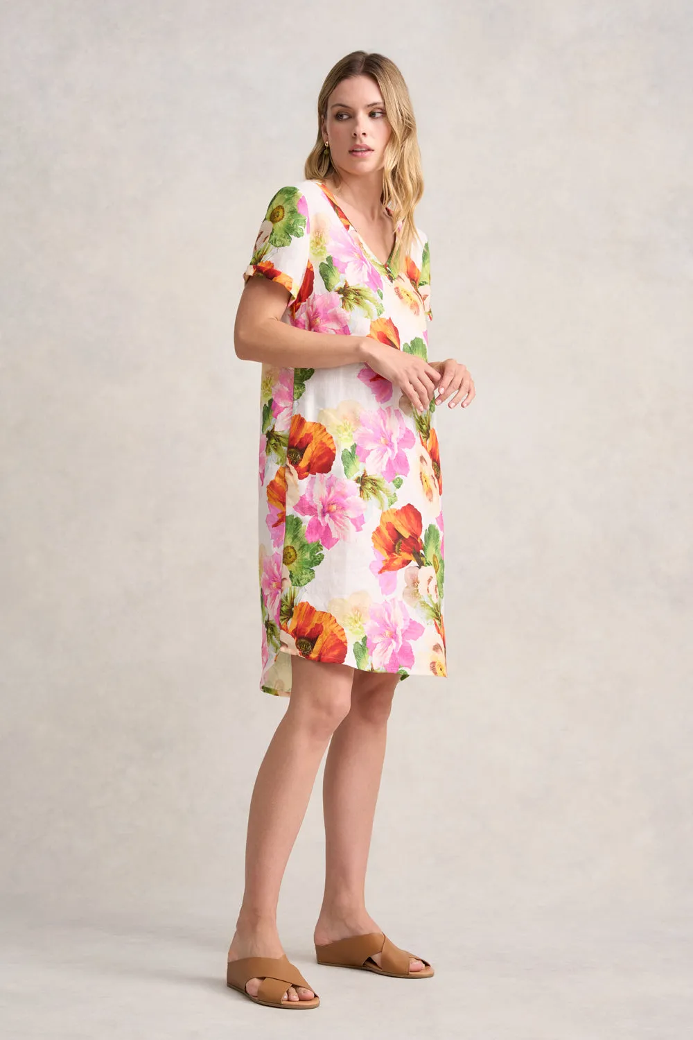 V-Neck Linen Dress - Multi Floral