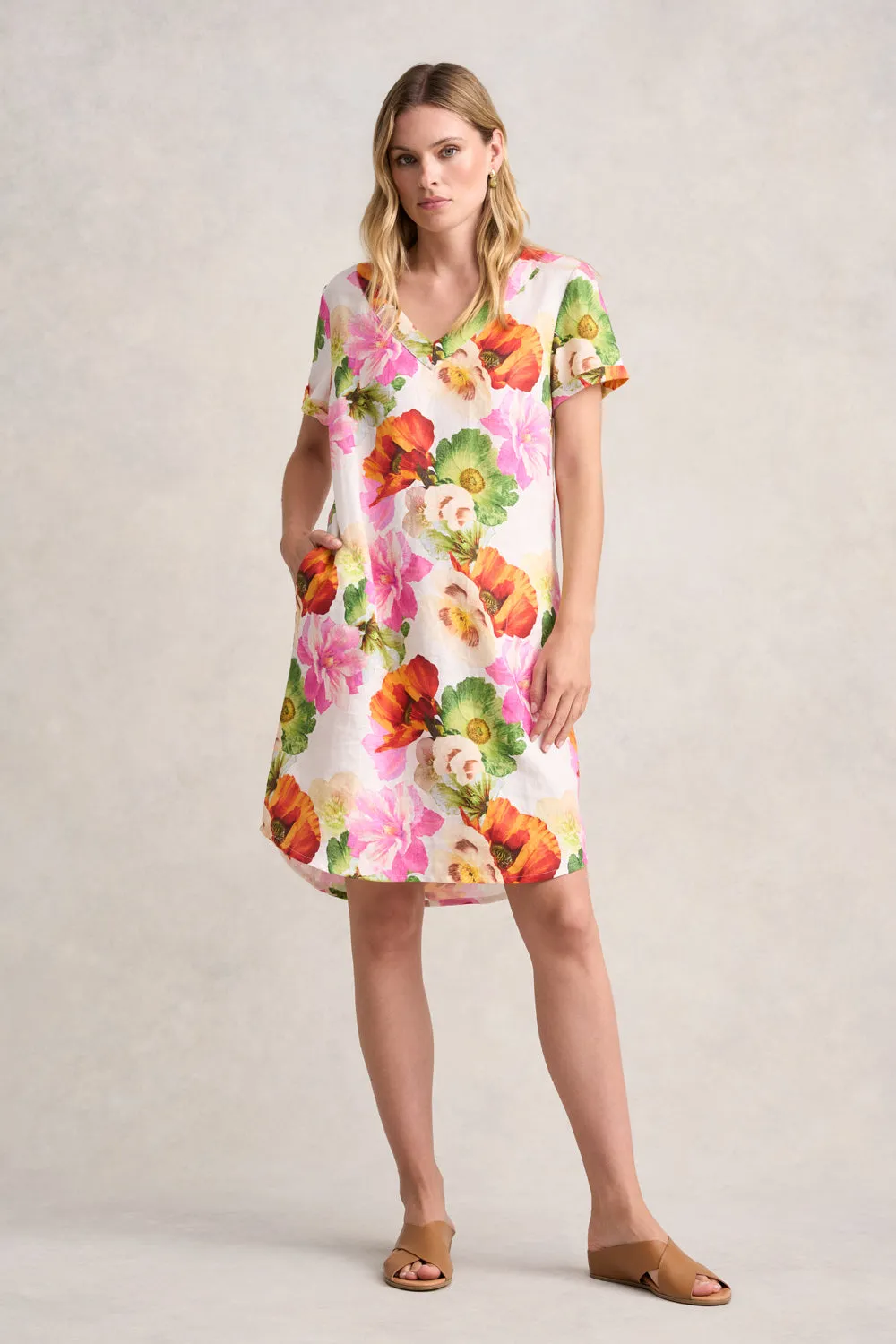 V-Neck Linen Dress - Multi Floral