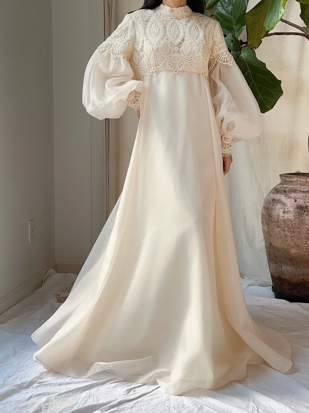 Vintage Puff Sleeves High Neck Gown - M