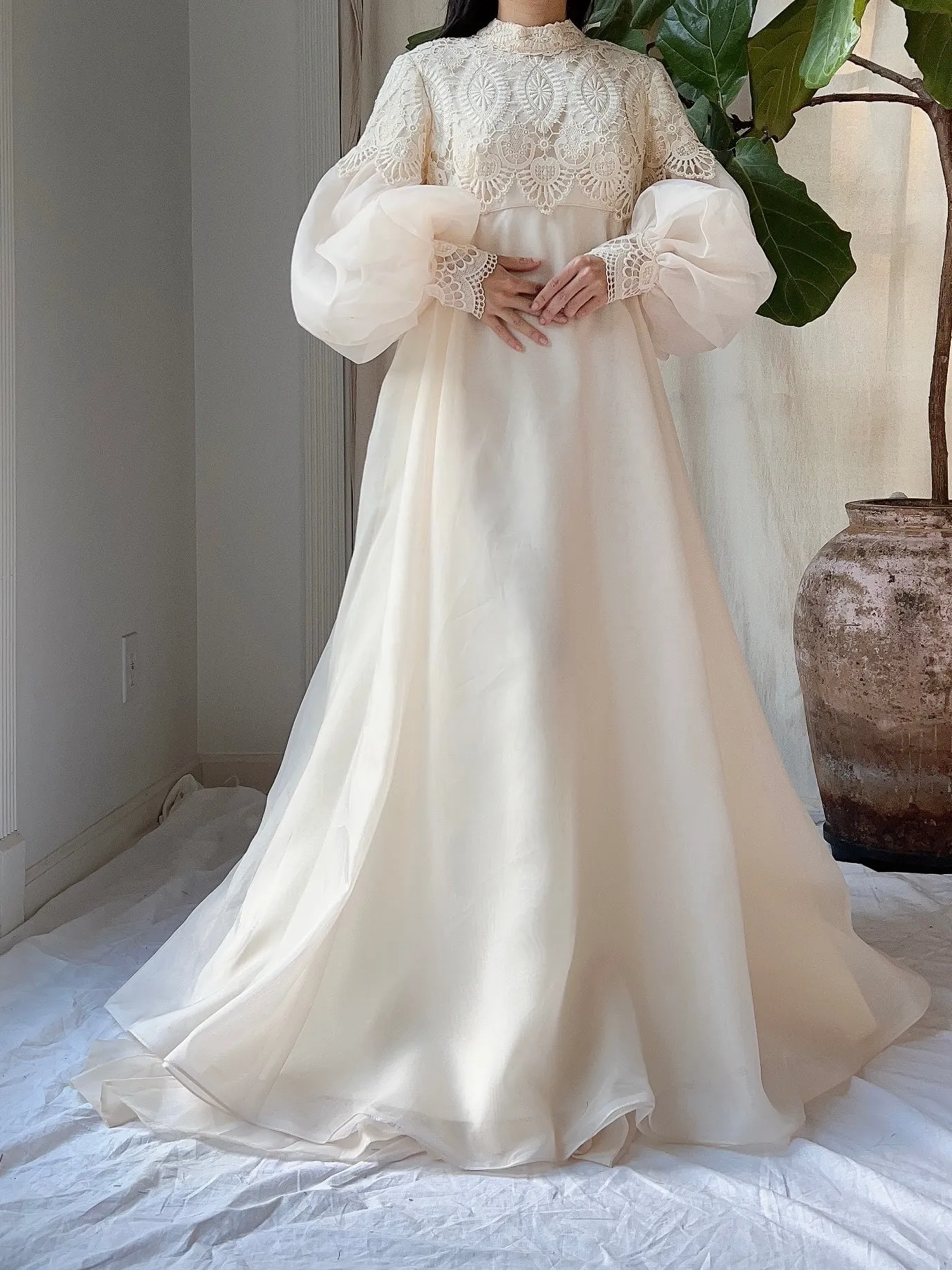 Vintage Puff Sleeves High Neck Gown - M