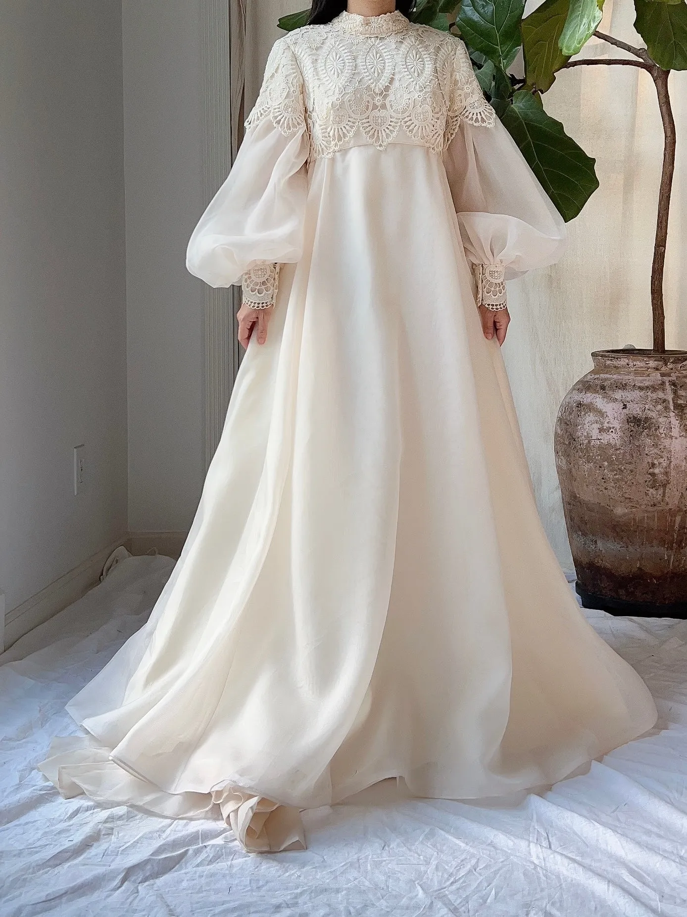 Vintage Puff Sleeves High Neck Gown - M