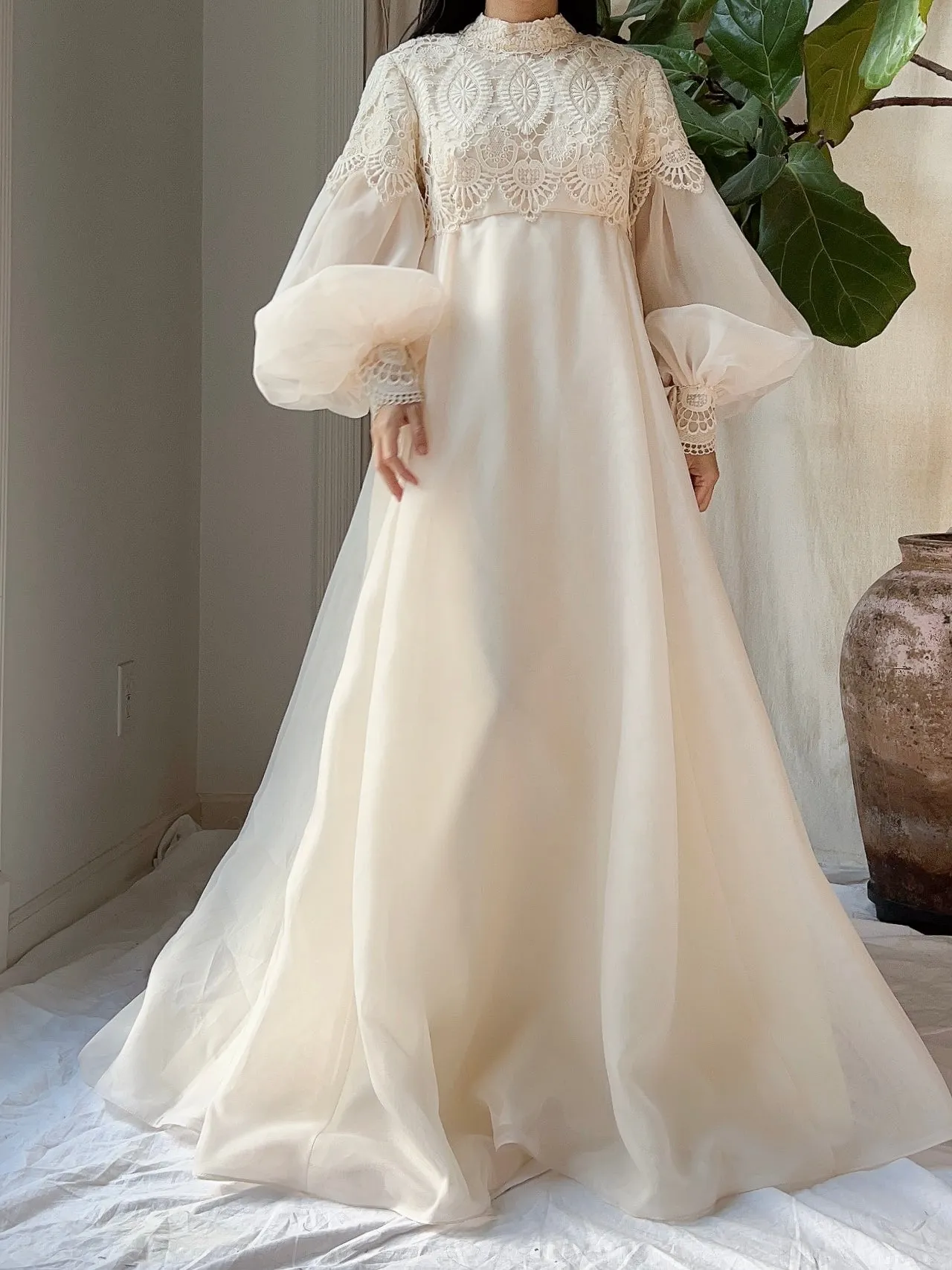 Vintage Puff Sleeves High Neck Gown - M