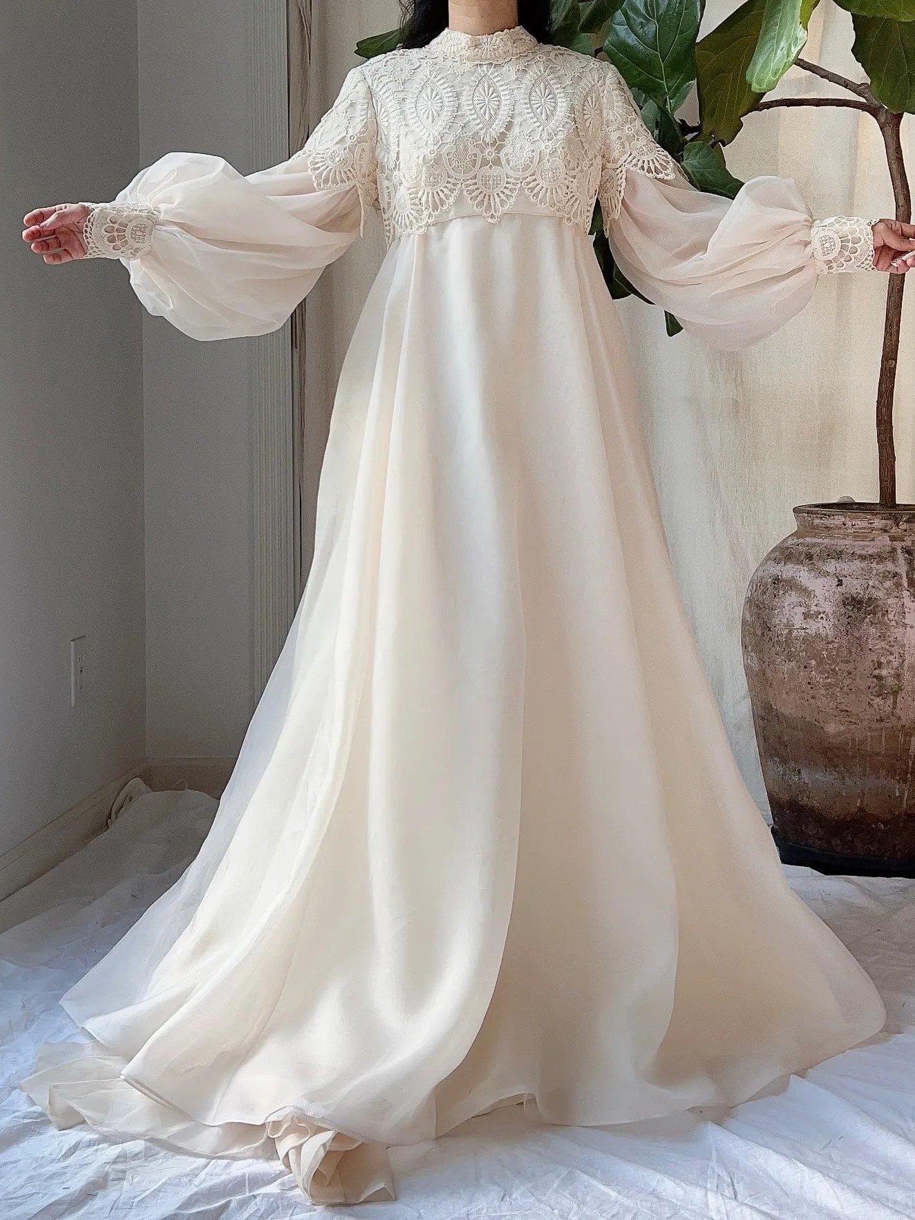 Vintage Puff Sleeves High Neck Gown - M