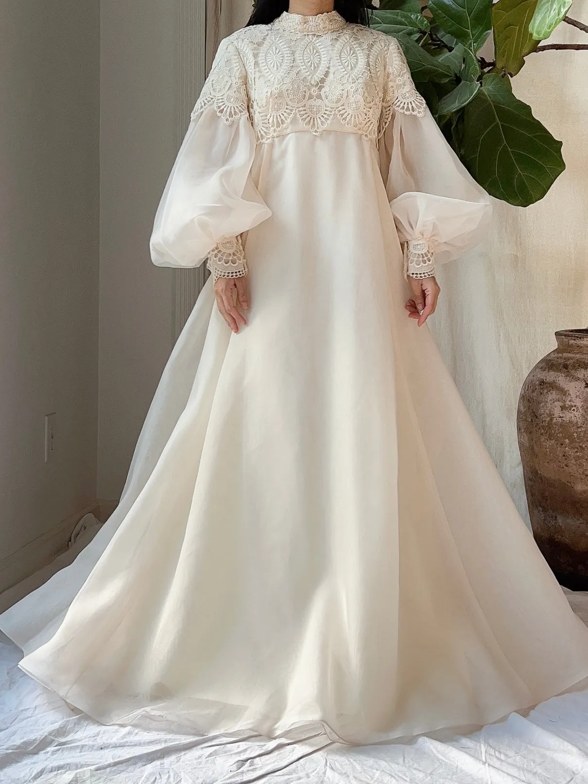 Vintage Puff Sleeves High Neck Gown - M