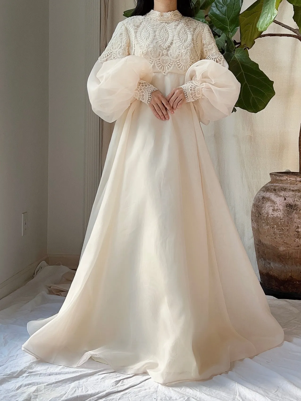 Vintage Puff Sleeves High Neck Gown - M