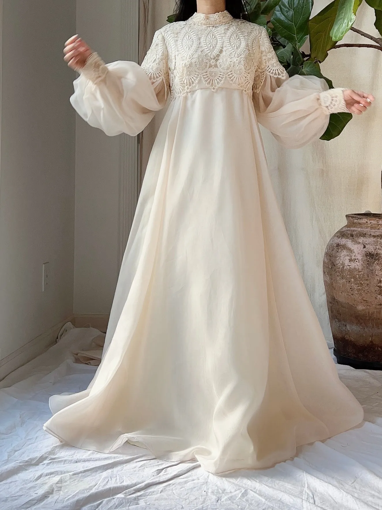 Vintage Puff Sleeves High Neck Gown - M