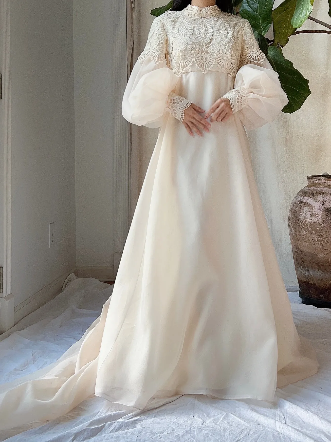 Vintage Puff Sleeves High Neck Gown - M