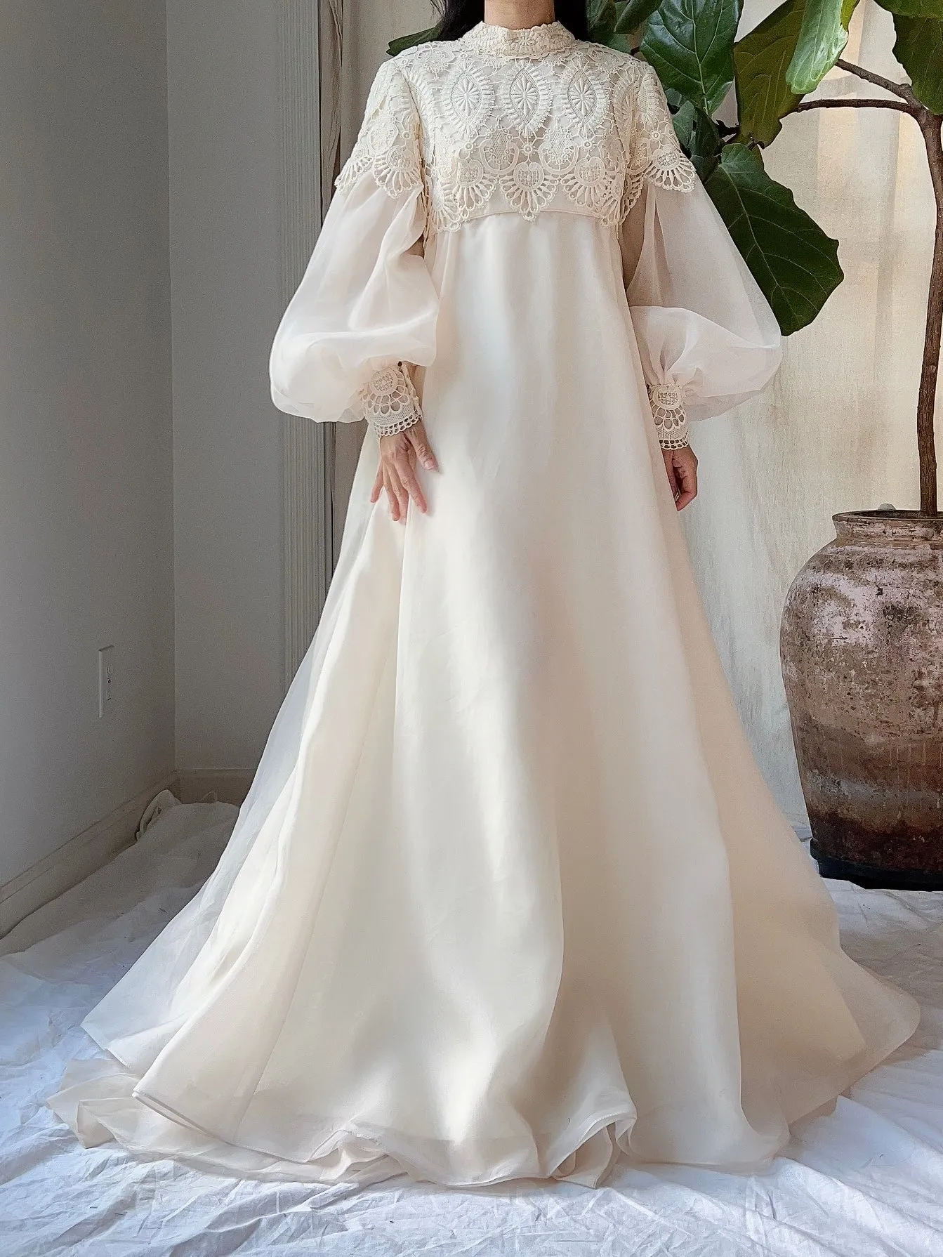 Vintage Puff Sleeves High Neck Gown - M