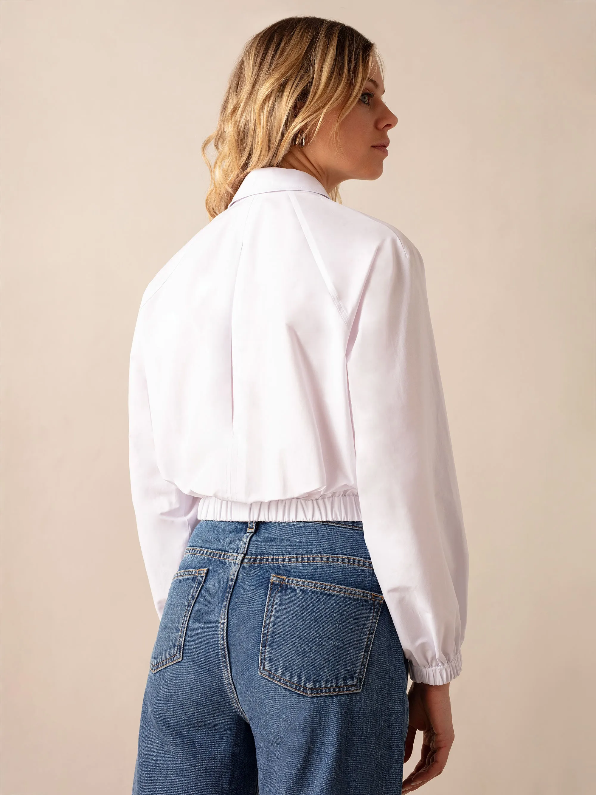 White Cotton Elastic Hem Cropped Shirt
