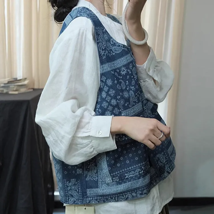 Women Spring Vintage Printed Floral Denim Vest