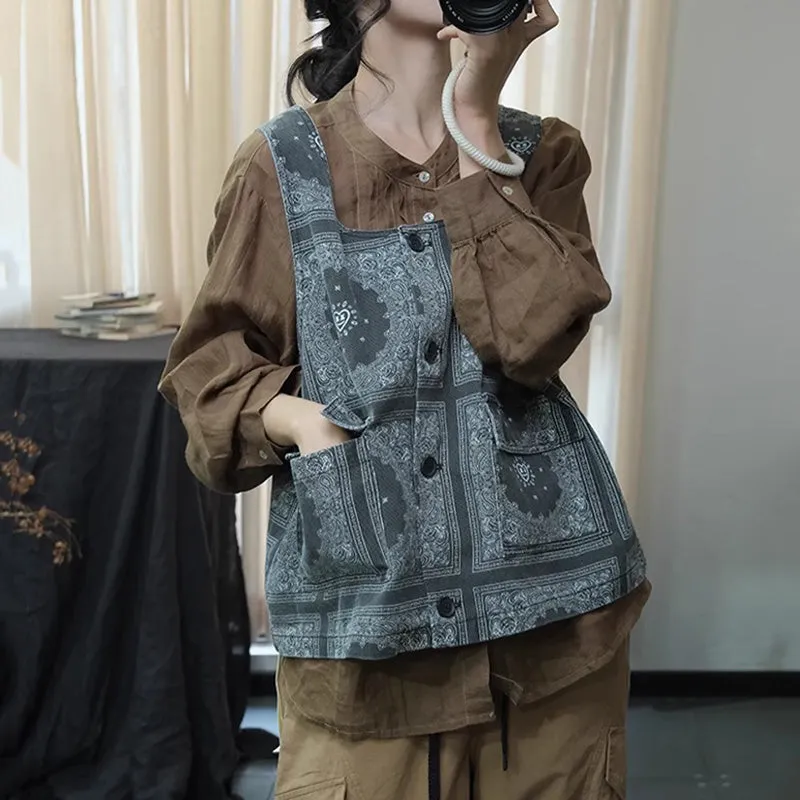 Women Spring Vintage Printed Floral Denim Vest