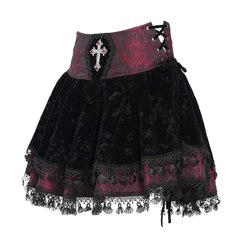 Women's Gothic Cross Tassel Velvet Skirt Red