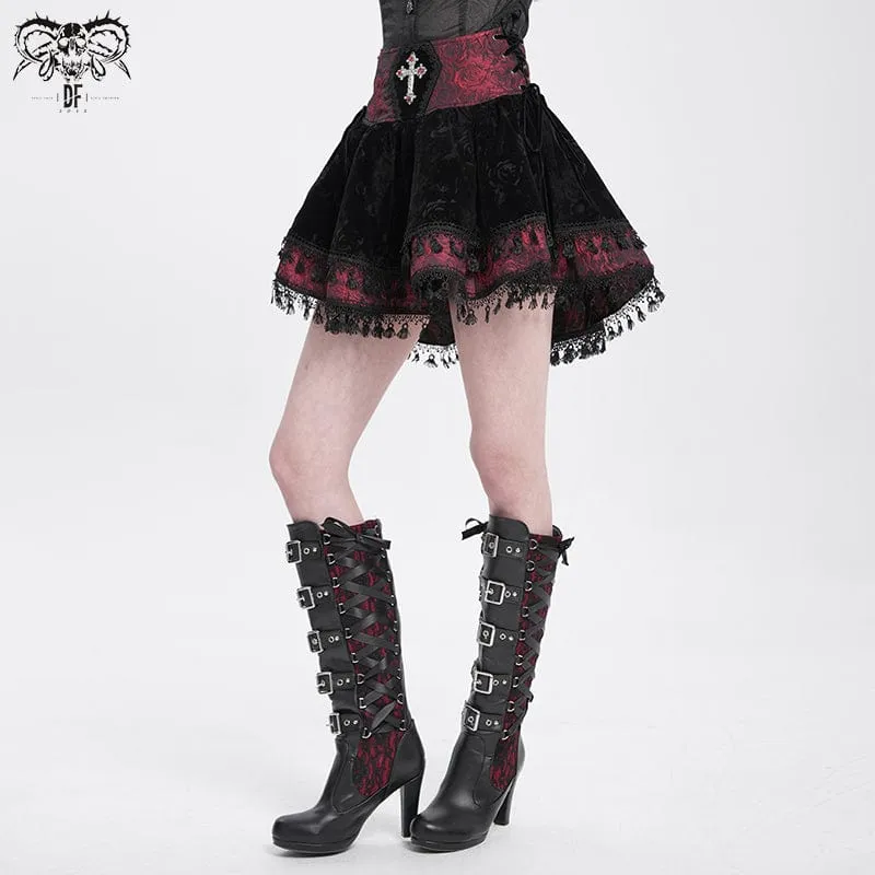 Women's Gothic Cross Tassel Velvet Skirt Red