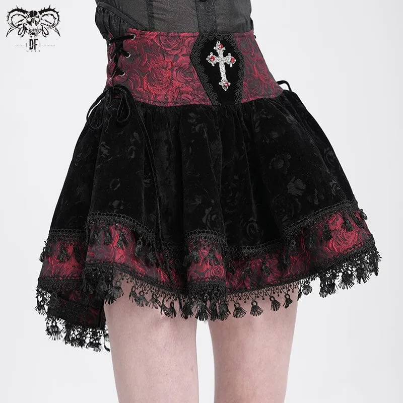 Women's Gothic Cross Tassel Velvet Skirt Red
