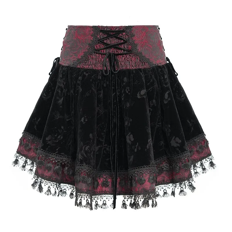 Women's Gothic Cross Tassel Velvet Skirt Red