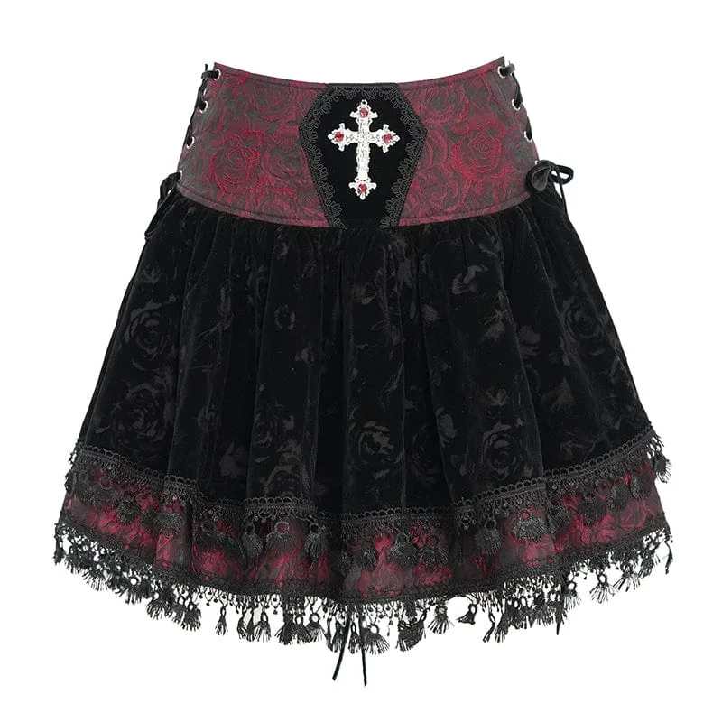 Women's Gothic Cross Tassel Velvet Skirt Red