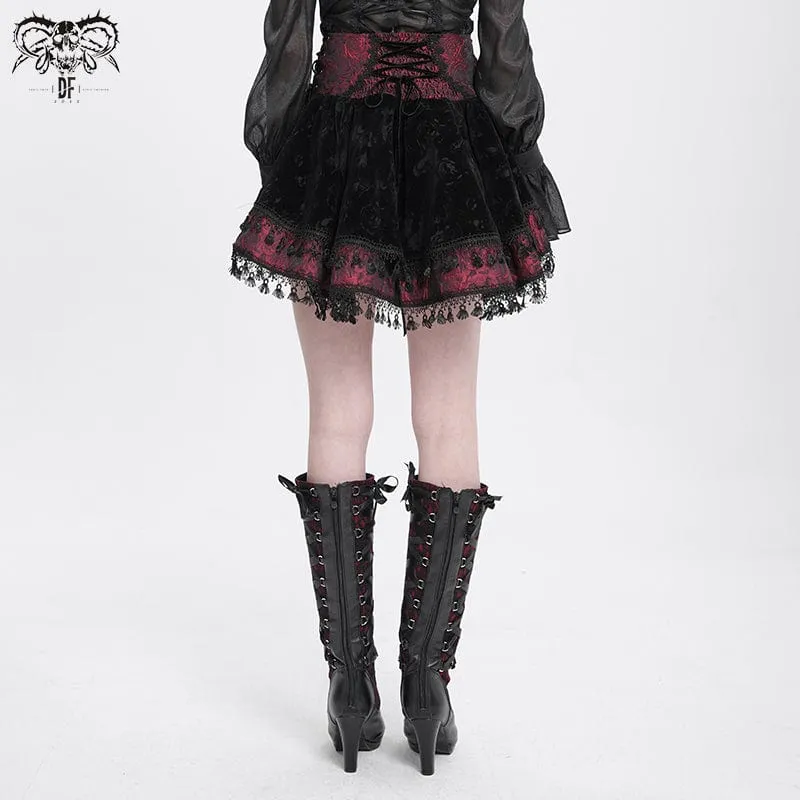 Women's Gothic Cross Tassel Velvet Skirt Red