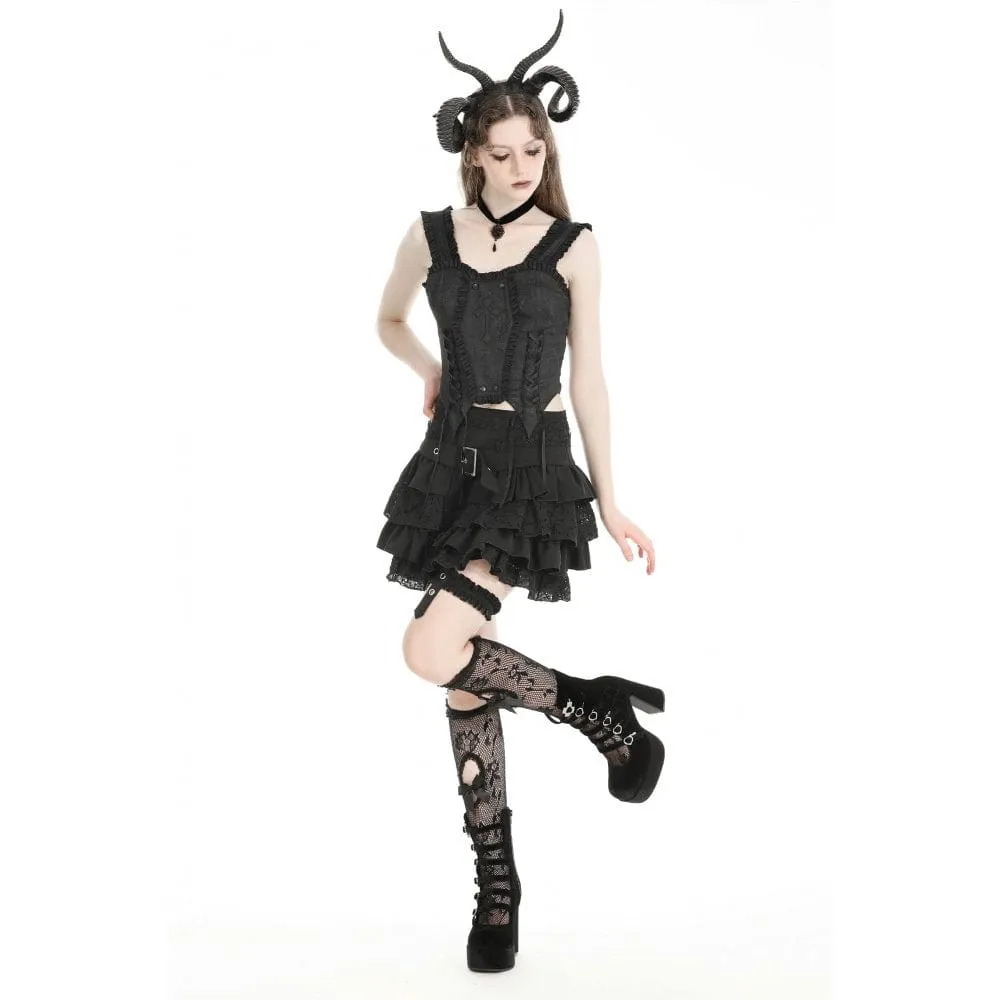 Women's Gothic High-waisted Lace Splice Skirt with Garter