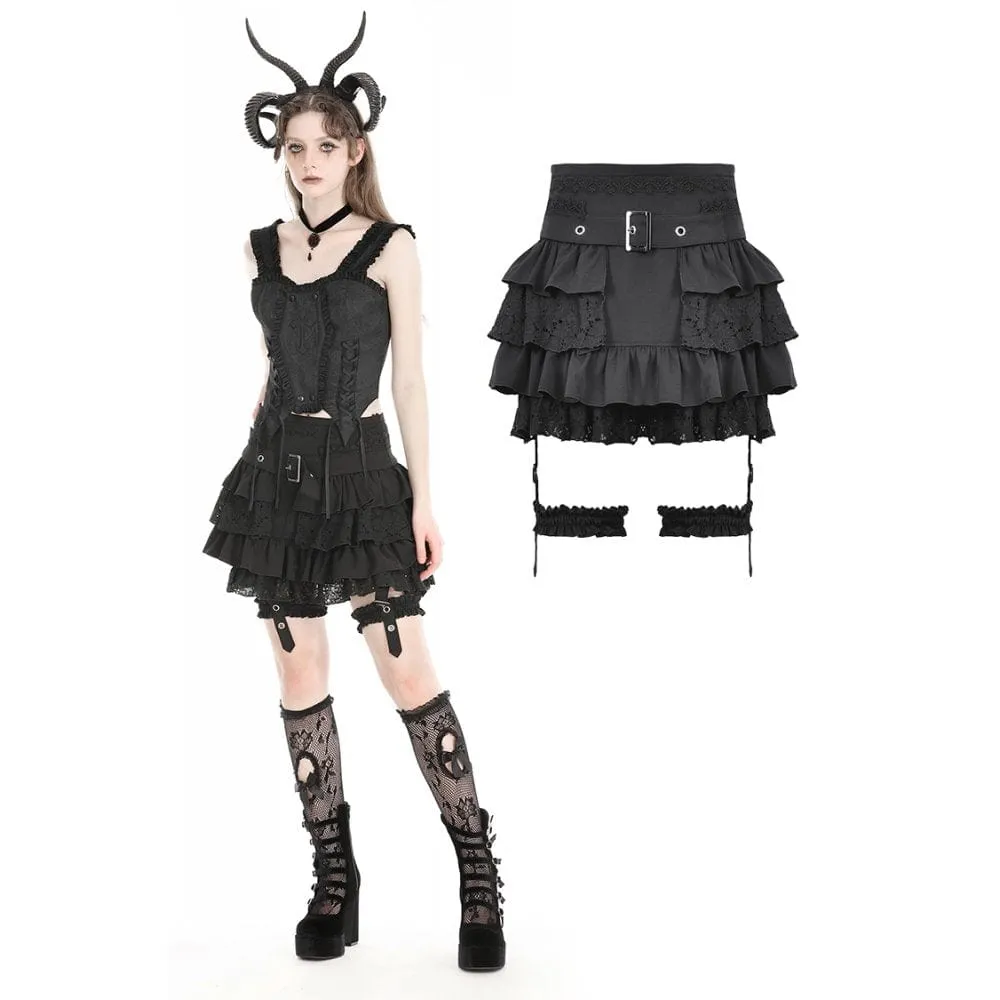 Women's Gothic High-waisted Lace Splice Skirt with Garter