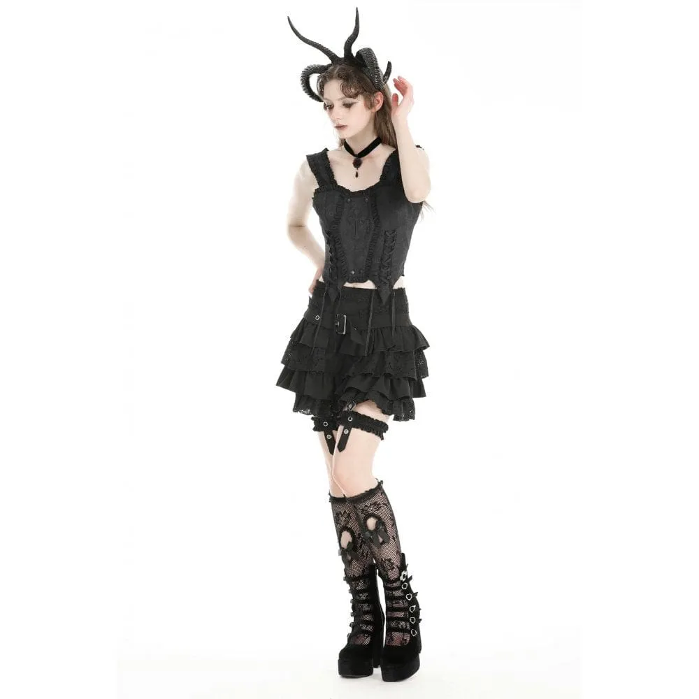 Women's Gothic High-waisted Lace Splice Skirt with Garter